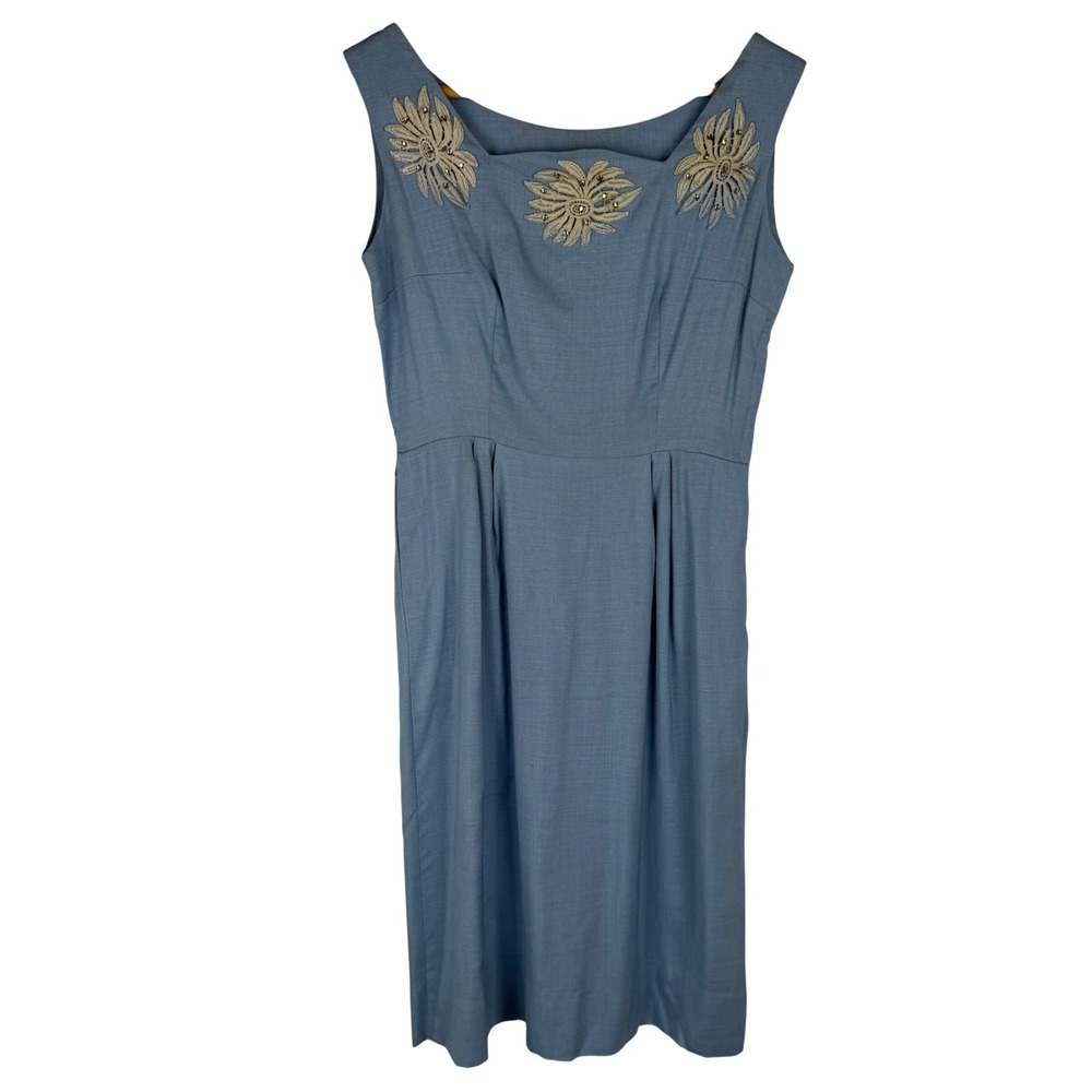 Vintage 50s Blue Sheath Dress Floral Applique Metal Zip waist 25"